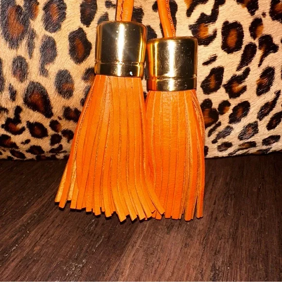 Antonio Melani Y2K Orange Leather Leopard Calf Hair Large Satchel Tote Tassels - Picture 10 of 16